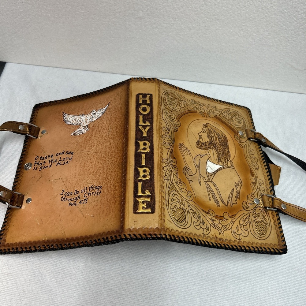 Bible Cover Carry Case Leather With Snap  Closure And Carrying Straps Verses